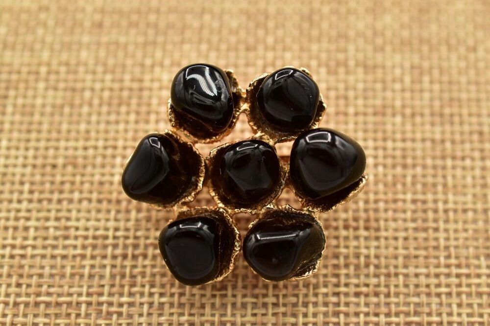 Vintage Cabochon Pin Brooch Black Black Gold Tone Chunky Floral 1990s BinB